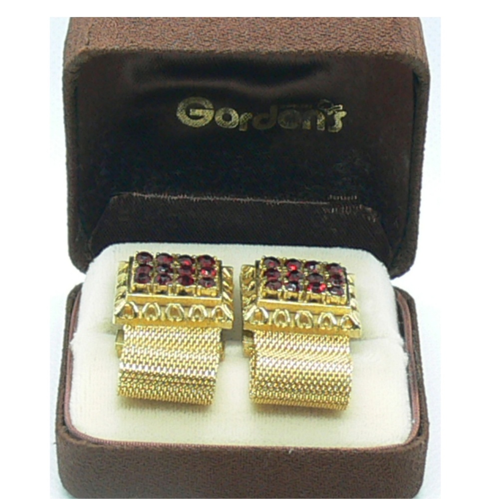 Vintage Gold Tone Cufflinks w/ Red Rhinestones Mesh Back Formal Jewelry Gift Men